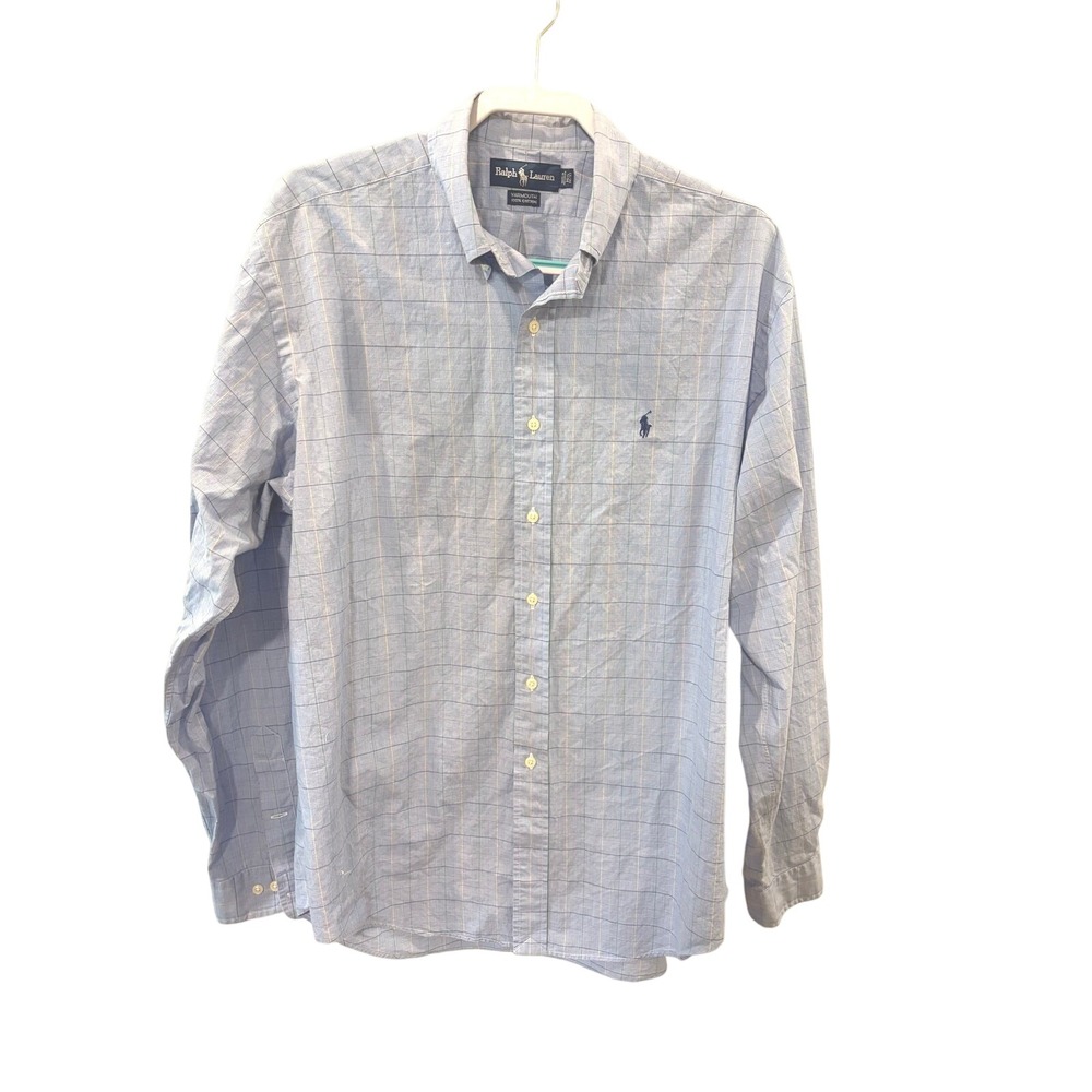 Ralph‎ Lauren Yarmouth Mens 16.5 36/37 Blue Windowpane Check Cotton Button Down